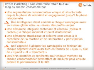 Hyper-Marketing : Une cohérence totale tout au long du chemin consommateur Une segmentation consommateur unique et structurante depuis la phase de notoriété et engagement jusqu’à la phase relationnelle Une intelligence client enrichie à chaque campagne aussi au niveau global et/ou au niveau des profils unique Une démarche intégrant contenant et contenu (média et contenu) à chaque moment et point d’interaction Une démarche stratégique et créative sans cesse à la recherche de l’a réaction et de l’interaction / participation consommateur Une capacité à adapter les campagnes en fonction de chaque segment client aussi bien en termes de « Quoi », que de « Quand » et « Comment » Des KPIs identifiés et cohérents pour chaque moment du chemin consommateur permettant de mesurer pour ensuite prédire la performance et le ROI © FullSIX 2007 - Strictly confidential - All rights reserved -  No reproduction or diffusion without written authorisation 