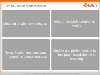 Les nouveaux fondamentaux © FullSIX 2007 - Strictly confidential - All rights reserved -  No reproduction or diffusion without written authorisation Média et création dynamiques  Intégration totale création et média Modèle à la performance à la fois pour l’acquisition et le branding  Ré-agrégation des nouveaux segments consommateurs 