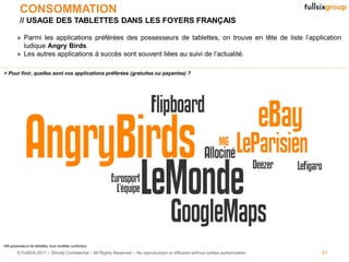 CONSOMMATION
          // USAGE DES TABLETTES DANS LES FOYERS FRANÇAIS

        » Parmi les applications préférées des possesseurs de tablettes, on trouve en tête de liste l’application
          ludique Angry Birds.
        » Les autres applications à succès sont souvent liées au suivi de l’actualité.

> Pour finir, quelles sont vos applications préférées (gratuites ou payantes) ?




406 possesseurs de tablettes, tous modèles confondus

        © FullSIX 2011 – Strictly Confidential – All Rights Reserved – No reproduction or diffusion without written authorisation   41
 