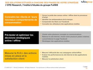 DES SOLUTIONS D’ÉTUDES A CHACUNE DES PHASES DE VOTRE STRATÉGIE
 // OTO Research, l’institut d’études du groupe FullSIX



                                                                          Cerner le poids des canaux online / offline dans le processus
Connaitre les clients et leurs                                             d’achat
nouveaux comportements de                                                 Identifier les ambassadeurs de la marque
                                                                          Comprendre les likers sur Facebook
consommation                                                              Connaitre les utilisateurs des applications mobiles




Pré-tester et optimiser les                                               Choisir entre plusieurs concepts ou communications
                                                                          Relancer le site Internet, choisir entre plusieurs pistes créatives
décisions stratégiques                                                    Lancer/relancer la page Facebook
online / offline                                                          Développer des applications mobiles




Mesurer le R.O.I. des actions                                             Mesurer l’efficacité des vos campagnes online/offline
                                                                          Evaluer les performances du site Internet et des applications
mises en place et la                                                       mobiles
satisfaction client                                                       Mesurer la satisfaction client



                                                                                                                                     // page
© FullSIX 2011 – Strictly Confidential – All Rights Reserved – No reproduction or diffusion without written authorisation
                                                                                                                                          46
 