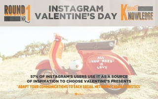 INSTAGRAM
VALENTINE’S DAY
57% OF INSTAGRAM’S USERS USE IT AS A SOURCE
OF INSPIRATION TO CHOOSE VALENTINE’S PRESENTS
“ADAPT YOUR COMMUNICATIONS TO EACH SOCIAL NETWORK CHARACTERISTICS”
 