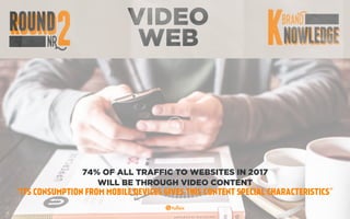VIDEO
WEB
74% OF ALL TRAFFIC TO WEBSITES IN 2017
WILL BE THROUGH VIDEO CONTENT
“ITS CONSUMPTION FROM MOBILE DEVICES GIVES THIS CONTENT SPECIAL CHARACTERISTICS”
 