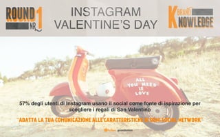 INSTAGRAM
VALENTINE’S DAY
57% degli utenti di Instagram usano il social come fonte di ispirazione per
scegliere i regali di San Valentino
“ADATTA LA TUA COMUNICAZIONE ALLE CARATTERISTICHE DI OGNI SOCIAL NETWORK”
 