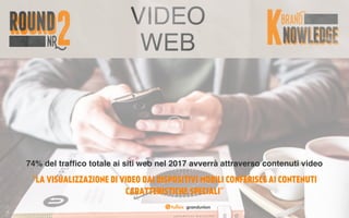 VIDEO
WEB
74% del trafﬁco totale ai siti web nel 2017 avverrà attraverso contenuti video
“LA VISUALIZZAZIONE DI VIDEO DAI DISPOSITIVI MOBILI CONFERISCE AI CONTENUTI
CARATTERISTICHE SPECIALI”
 