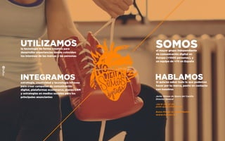 UTILIZAMOSla tecnología de forma creativa para
desarrollar experiencias donde coinciden
los intereses de las marcas y las personas
INTEGRAMOSestrategia, creatividad y tecnología inhouse
para crear campañas de comunicación
digital, plataformas ecommerce, planes CRM
y estrategias en medios sociales para los
principales anunciantes
SOMOSel mayor grupo independiente
de comunicación digital en
Europa [+1000 personas], y
un equipo de +70 en España
HABLAMOSSi quieres saber todo lo que podemos
hacer por tu marca, ponte en contacto
con nosotros
Javier Gómez de Quero del Castillo
Director General
+34 91 298 27 30
javier.quero@fullsix.com
Bueso Pineda 12, 28043 Madrid
WWW.FULLSIX.ES
 