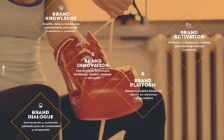 Insights, datos y tendencias;
conocimiento para poder
cuestionar y construir
Innovación en tecnología,
estrategia, medios, mensaje
y ejecución
Historias y experiencias creadas
para conectar marcas
y personas
Espacios propios donde las
marcas se relacionan
con su público
Conversación y contenido
pensado para ser consumido
y compartido
 