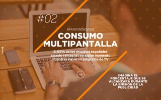 #02
BRAND KNOWLEDGE
IMAGINA EL
PORCENTAJE QUE SE
ALCANZARÁ DURANTE
LA EMISIÓN DE LA
PUBLICIDAD
CONSUMO
MULTIPANTALLA
El 65% de los usuarios españoles
accede a Internet en algún momento
mientras sigue un programa de TV
 