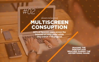 #02
BRAND KNOWLEDGE
IMAGINE THE
PERCENTAGE
REACHED DURING THE
ADVERTISING PAUSE
MULTISCREEN
CONSUPTION
65% of Spanish users access the
Internet at some point while
they watch a TV program
 