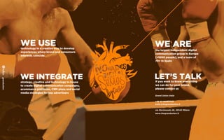 WE USEtechnology in a creative way to develop
experiences where brand and consumers
interests coincide
WE INTEGRATEstrategy, creative and technology in-house
to create digital communication campaigns,
ecommerce platforms, CRM plans and social
media strategies for top advertisers
WE AREthe largest independent digital
communication group in Europe
[+1000 people], and a team of
70+ in Spain
LET’S TALKIf you want to know everything
we can do for your brand,
please contact us
Grand Union Italia
+39 02 89367042
hello@thegrandunion.it
via Morimondo 26, 20143 Milano
www.thegrandunion.it
 