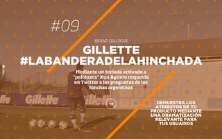 DEMUESTRA LOS
ATRIBUTOS DE TU
PRODUCTO MEDIANTE
UNA DRAMATIZACIÓN
RELEVANTE PARA
TUS USUARIOS
GILLETTE
#LABANDERADELAHINCHADA
Mediante un teclado activado a
“pelotazos” Kun Agüero responde
en Twitter a los preguntas de los
hinchas argentinos
#09
BRAND DIALOGUE
 