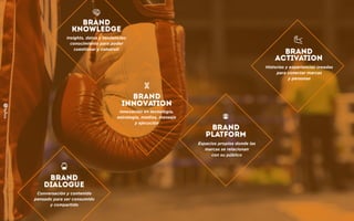 Insights, datos y tendencias;
conocimiento para poder
cuestionar y construir
Innovación en tecnología,
estrategia, medios, mensaje
y ejecución
Historias y experiencias creadas
para conectar marcas
y personas
Espacios propios donde las
marcas se relacionan
con su público
Conversación y contenido
pensado para ser consumido
y compartido
 