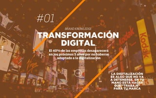 #01
BRAND KNOWLEDGE
TRANSFORMACIÓN
DIGITAL
El 40% de las empresas desaparecerá
en los próximos 5 años por no haberse
adaptado a la digitalización
LA DIGITALIZACIÓN
ES ALGO QUE NO VA
A DETENERSE, EN TU
MANO ESTÁ HACER
QUE “TRABAJE”
PARA TU MARCA
 