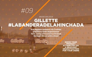 SHOW YOUR
PRODUCT
ATTRIBUTES VIA
A RELEVANT
DRAMATIZATION
FOR YOUR USERS
GILLETTE
#LABANDERADELAHINCHADA
Kun Agüero answers via Twitter
questions from Argentinean
fans, using a keyword activated
through blows with a bowl
#09
BRAND DIALOGUE
 