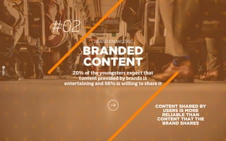 #02
BRAND KNOWLEDGE
CONTENT SHARED BY
USERS IS MORE
RELIABLE THAN
CONTENT THAT THE
BRAND SHARES
BRANDED
CONTENT
70% of the youngsters expect that
content provided by brands is
entertaining and 56% is willing to share it
 