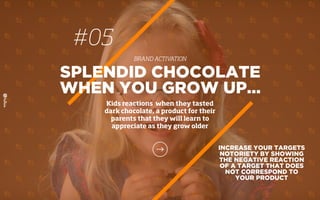 INCREASE YOUR TARGETS
NOTORIETY BY SHOWING
THE NEGATIVE REACTION
OF A TARGET THAT DOES
NOT CORRESPOND TO
YOUR PRODUCT
SPLENDID CHOCOLATE
WHEN YOU GROW UP…
Kids reactions when they tasted
dark chocolate, a product for their
parents that they will learn to
appreciate as they grow older
#05
BRAND ACTIVATION
 