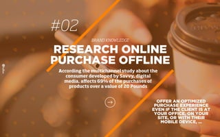 #02
BRAND KNOWLEDGE
RESEARCH ONLINE
PURCHASE OFFLINE
According the multichannel study about the
consumer developed by Savvy, digital
media, aﬀects 69% of the purchases of
products over a value of 20 Pounds
OFFER AN OPTIMIZED
PURCHASE EXPERIENCE
EVEN IF THE CLIENT IS AT
YOUR OFFICE, ON YOUR
SITE, OR WITH THEIR
MOBILE DEVICE, …
 