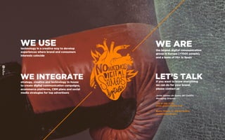 WE USEtechnology in a creative way to develop
experiences where brand and consumers
interests coincide
WE INTEGRATEstrategy, creative and technology in-house
to create digital communication campaigns,
ecommerce platforms, CRM plans and social
media strategies for top advertisers
WE ARE
the largest digital communication
group in Europe [+1000 people],
and a team of 70+ in Spain
LET’S TALKIf you want to know everything
we can do for your brand,
please contact us
Javier Gómez de Quero del Castillo
Managing Director
+34 91 298 27 30
javier.quero@fullsix.com
Bueso Pineda 12, 28043 Madrid
WWW.FULLSIX.ES
 