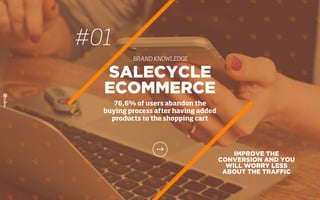 #01
BRAND KNOWLEDGE
IMPROVE THE
CONVERSION AND YOU
WILL WORRY LESS
ABOUT THE TRAFFIC
SALECYCLE
ECOMMERCE
76,6% of users abandon the
buying process after having added
products to the shopping cart
 