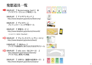 発想道具一覧
IDEAPLANT 『 Brainstorming Card 』 ※
アイデアワークショップ専用ツール
IDEAPLANT 『 アイデアトランプ 』
http://www.ideaplant.jp/products/ideatrump/
IDEAPLANT 『 ブレスター 』
ブレインストーミング学習ツール
IDEAPLANT 『 智慧カード 』
http://www.ideaplant.jp/products/chiecard3/
（スマホアプリ：KAYAC『ideaPod』）
IDEAPLANT 『 ブレインライティングシート2 』
http://www.ideaplant.jp/products/bws2/
IIDEAPLANT 『 IDEAVote 』
アイデアを創造的に絞り込む方法を学ぶツール
IDEAPLANT 『 neko note（ねこのーと） 』
http://ideaplant.jp/products/nekonote/
アイデア出し専用メモ用紙
IDEAPLANT 『 ASOPICA（連想の4法則カード） 』
http://www.ideaplant.jp/products/asopica/
66
 