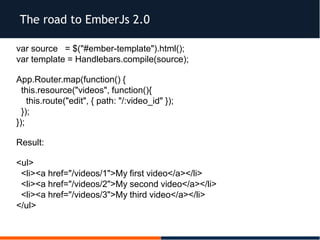 The road to EmberJs 2.0
var source = $("#ember-template").html();
var template = Handlebars.compile(source);
App.Router.map(function() {
this.resource("videos", function(){
this.route("edit", { path: "/:video_id" });
});
});
Result:
<ul>
<li><a href="/videos/1">My first video</a></li>
<li><a href="/videos/2">My second video</a></li>
<li><a href="/videos/3">My third video</a></li>
</ul>
 