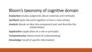 Bloom’s taxonomy of cognitive domain
Evaluation (makes judgments about materials and methods)
Synthesis (puts the parts together to form a new whole)
Analysis (break an idea into component part and describe the
relationships)
Application (application of a rule or principle)
Comprehension (lowest level of understanding)
Knowledge (recall of specific information)
 