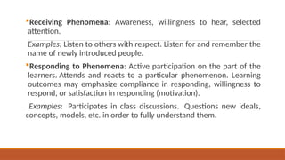 Receiving Phenomena: Awareness, willingness to hear, selected
attention.
Examples: Listen to others with respect. Listen for and remember the
name of newly introduced people.
Responding to Phenomena: Active participation on the part of the
learners. Attends and reacts to a particular phenomenon. Learning
outcomes may emphasize compliance in responding, willingness to
respond, or satisfaction in responding (motivation).
Examples: Participates in class discussions. Questions new ideals,
concepts, models, etc. in order to fully understand them.
 