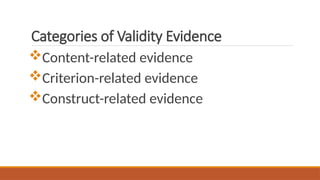 Categories of Validity Evidence
Content-related evidence
Criterion-related evidence
Construct-related evidence
 