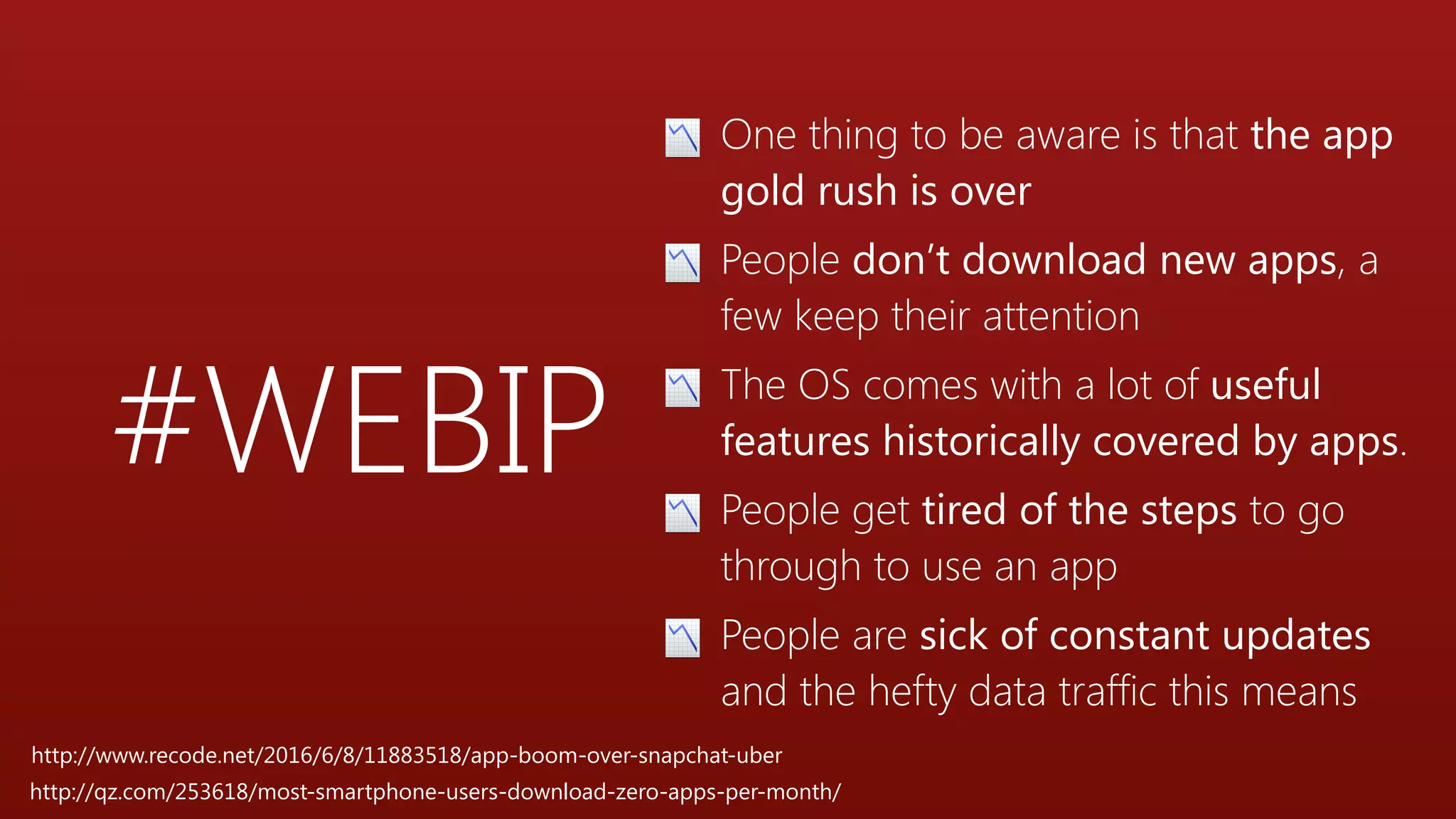 #WEBIP
📉 One thing to be aware is that the app
gold rush is over
📉 People don’t download new apps, a
few keep their attention
📉 The OS comes with a lot of useful
features historically covered by apps.
📉 People get tired of the steps to go
through to use an app
📉 People are sick of constant updates
and the hefty data traffic this means
http://www.recode.net/2016/6/8/11883518/app-boom-over-snapchat-uber
http://qz.com/253618/most-smartphone-users-download-zero-apps-per-month/
 