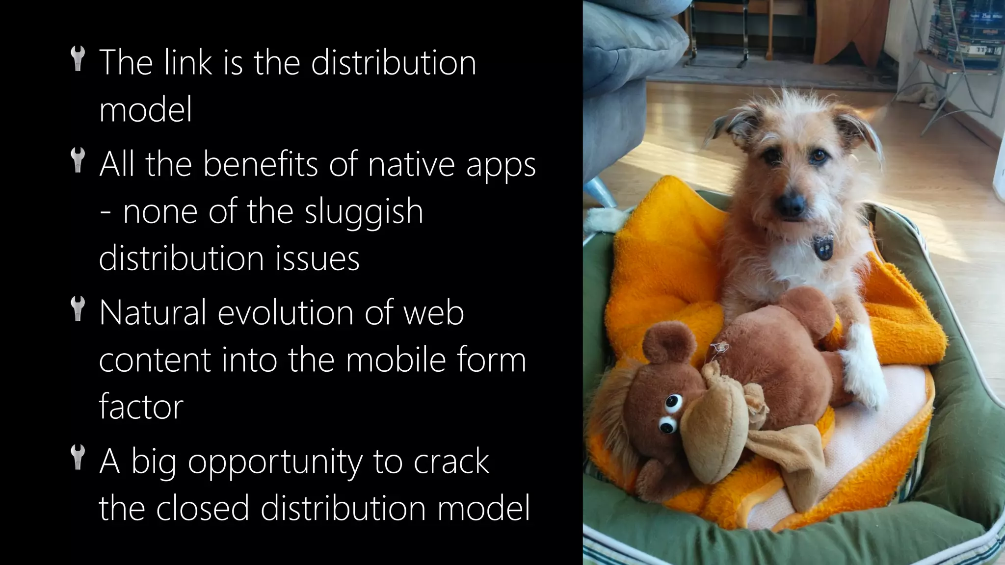 🔧 The link is the distribution
model
🔧 All the benefits of native apps
- none of the sluggish
distribution issues
🔧 Natural evolution of web
content into the mobile form
factor
🔧 A big opportunity to crack
the closed distribution model
 