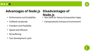 M E A N 41
Advantages of Node.js
• Performance and Scalability
• FullStack JavaScript
• Freedom and Flexibility
• Speed and efficient
• No buffering
• Fast development cycle
Disadvantages of
Node.js
• Not ideal for Heavy-Computation Apps
• Comparatively Immature Environment
 