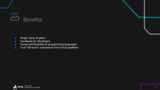 THE CLOUD
CONNECTIVITY COMPANY 11
Beneﬁts
■ Single “pane of glass”
■ Familiarity for developers
■ Power and ﬂexibility of programming languages
■ True “full stack” automation from CI/CD pipelines
 