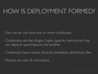 HOW IS DEPLOYMENT FORMED?


• Each   server can have one or more cookbooks

• Cookbooks are like plugins (nginx, apache, memcache) that
 can depend upon/require one another

• Cookbooks     have recipes, libraries, templates, deﬁnitions, ﬁles

• Recipes   are sets of instructions

                                                   I vote we rename “plugins” to “recipes”
 