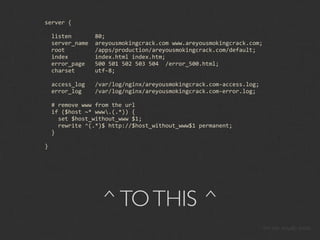 server {

  listen       80;
  server_name  areyousmokingcrack.com www.areyousmokingcrack.com;
  root         /apps/production/areyousmokingcrack.com/default;
  index        index.html index.htm;
  error_page   500 501 502 503 504  /error_500.html;
  charset      utf‐8;

  access_log   /var/log/nginx/areyousmokingcrack.com‐access.log;
  error_log    /var/log/nginx/areyousmokingcrack.com‐error.log;

  # remove www from the url
  if ($host ~* www.(.*)) {
    set $host_without_www $1;
    rewrite ^(.*)$ http://$host_without_www$1 permanent;
  }

}




                 ^ TO THIS ^
                                                                    this site actually exists
 