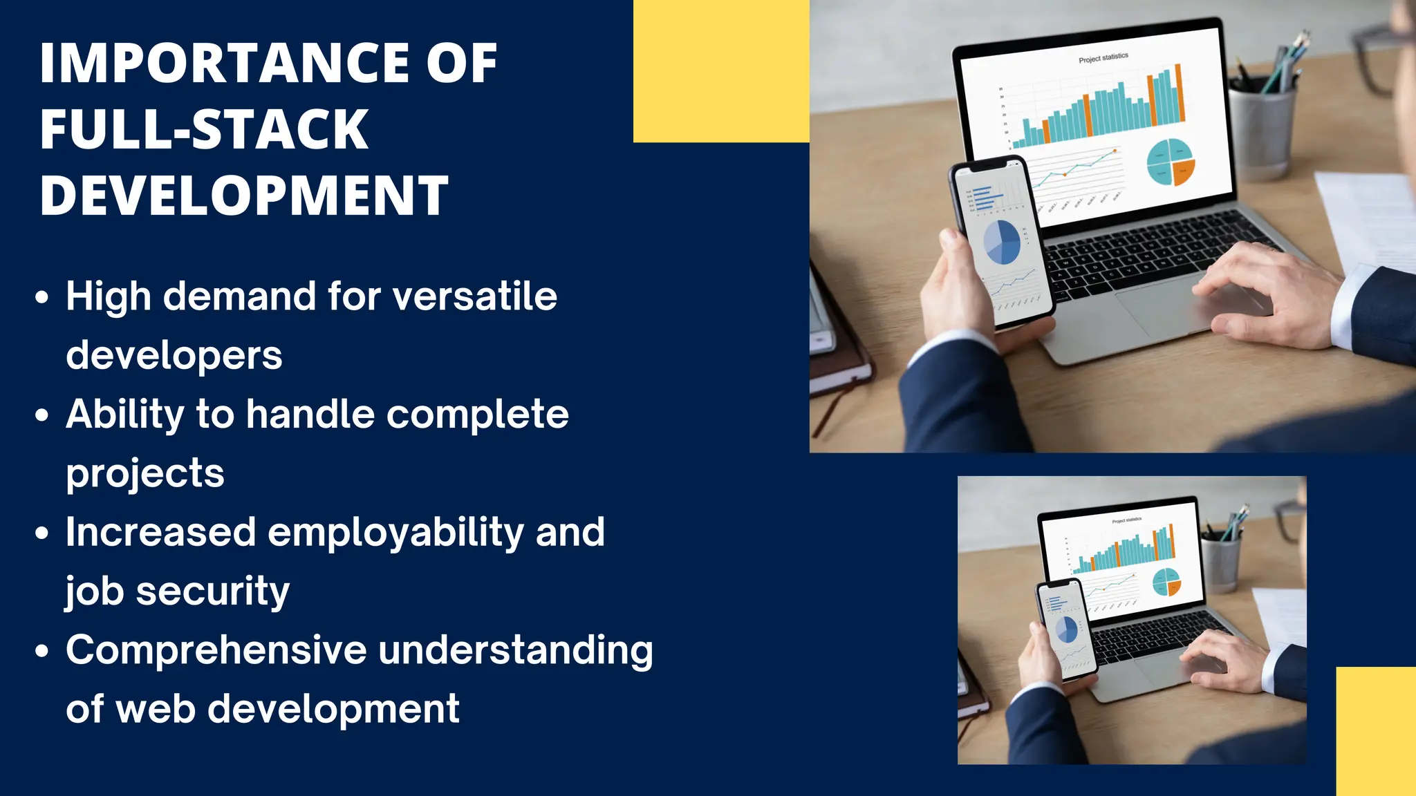 IMPORTANCE OF
FULL-STACK
DEVELOPMENT
High demand for versatile
developers
Ability to handle complete
projects
Increased employability and
job security
Comprehensive understanding
of web development
 