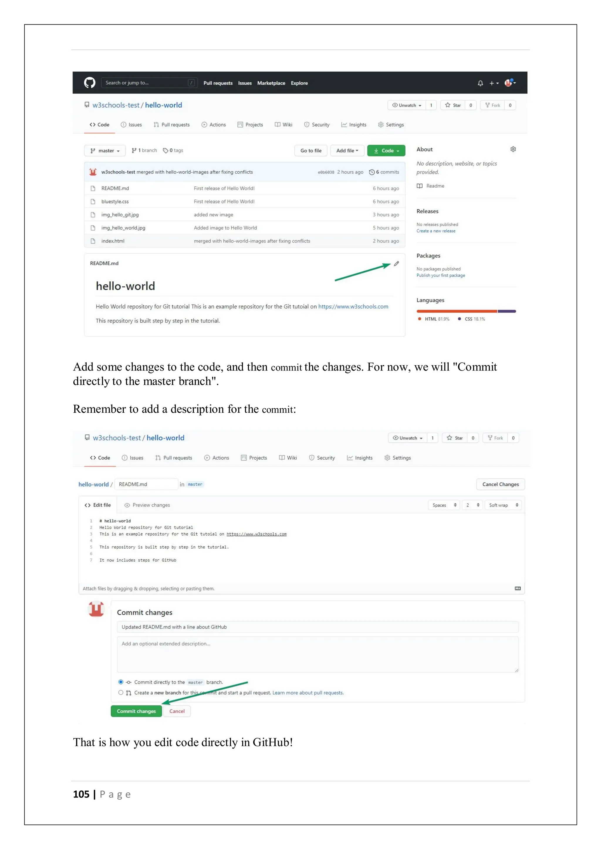 105 | P a g e
Add some changes to the code, and then commit the changes. For now, we will "Commit
directly to the master branch".
Remember to add a description for the commit:
That is how you edit code directly in GitHub!
 