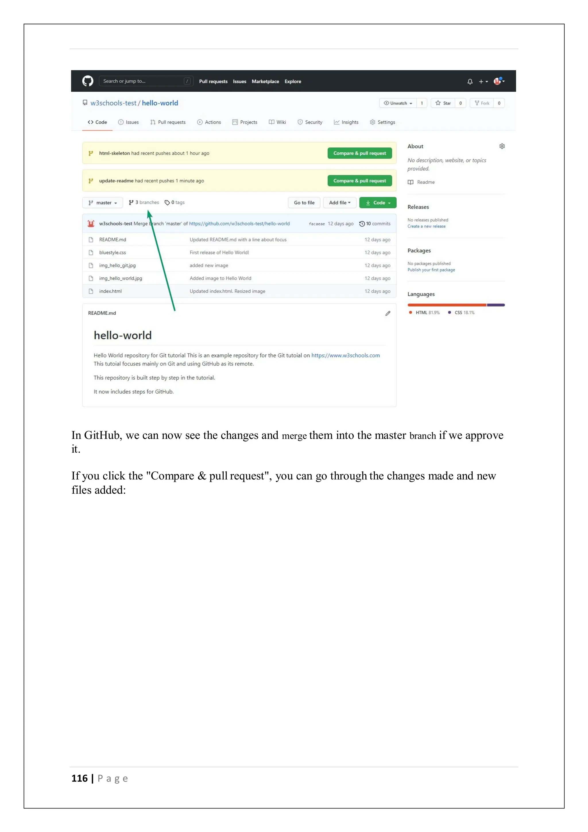 116 | P a g e
In GitHub, we can now see the changes and merge them into the master branch if we approve
it.
If you click the "Compare & pull request", you can go through the changes made and new
files added:
 