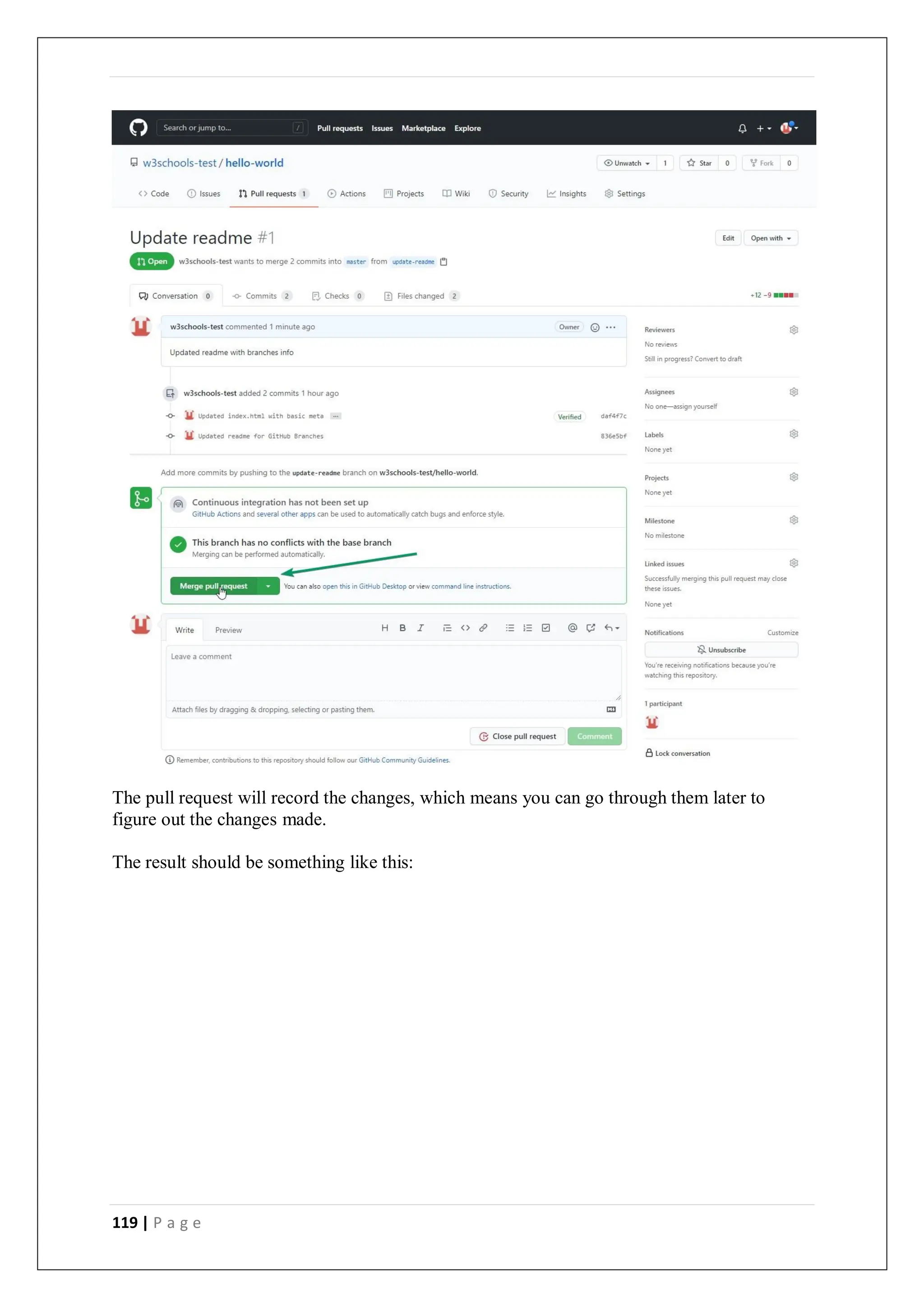 119 | P a g e
The pull request will record the changes, which means you can go through them later to
figure out the changes made.
The result should be something like this:
 