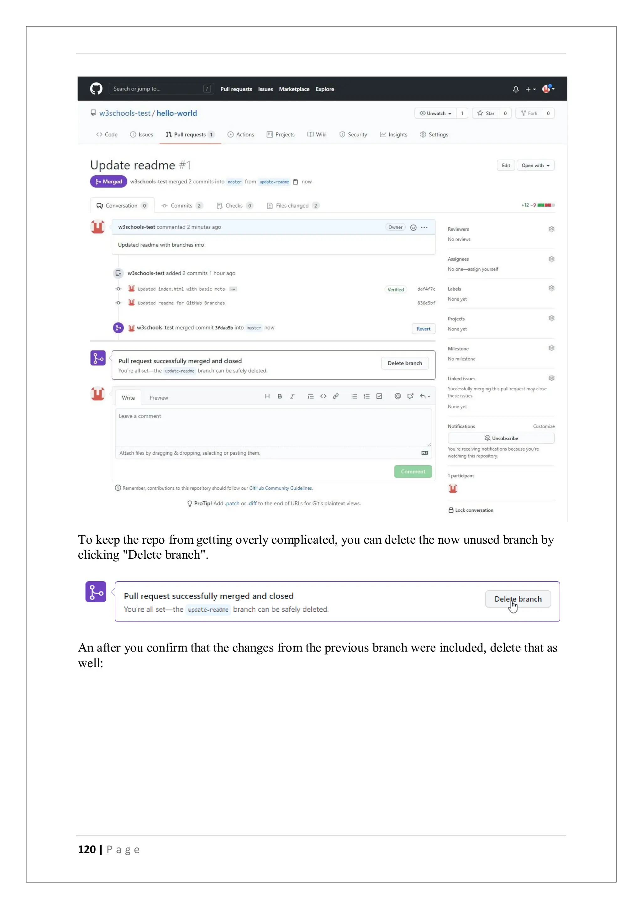 120 | P a g e
To keep the repo from getting overly complicated, you can delete the now unused branch by
clicking "Delete branch".
An after you confirm that the changes from the previous branch were included, delete that as
well:
 