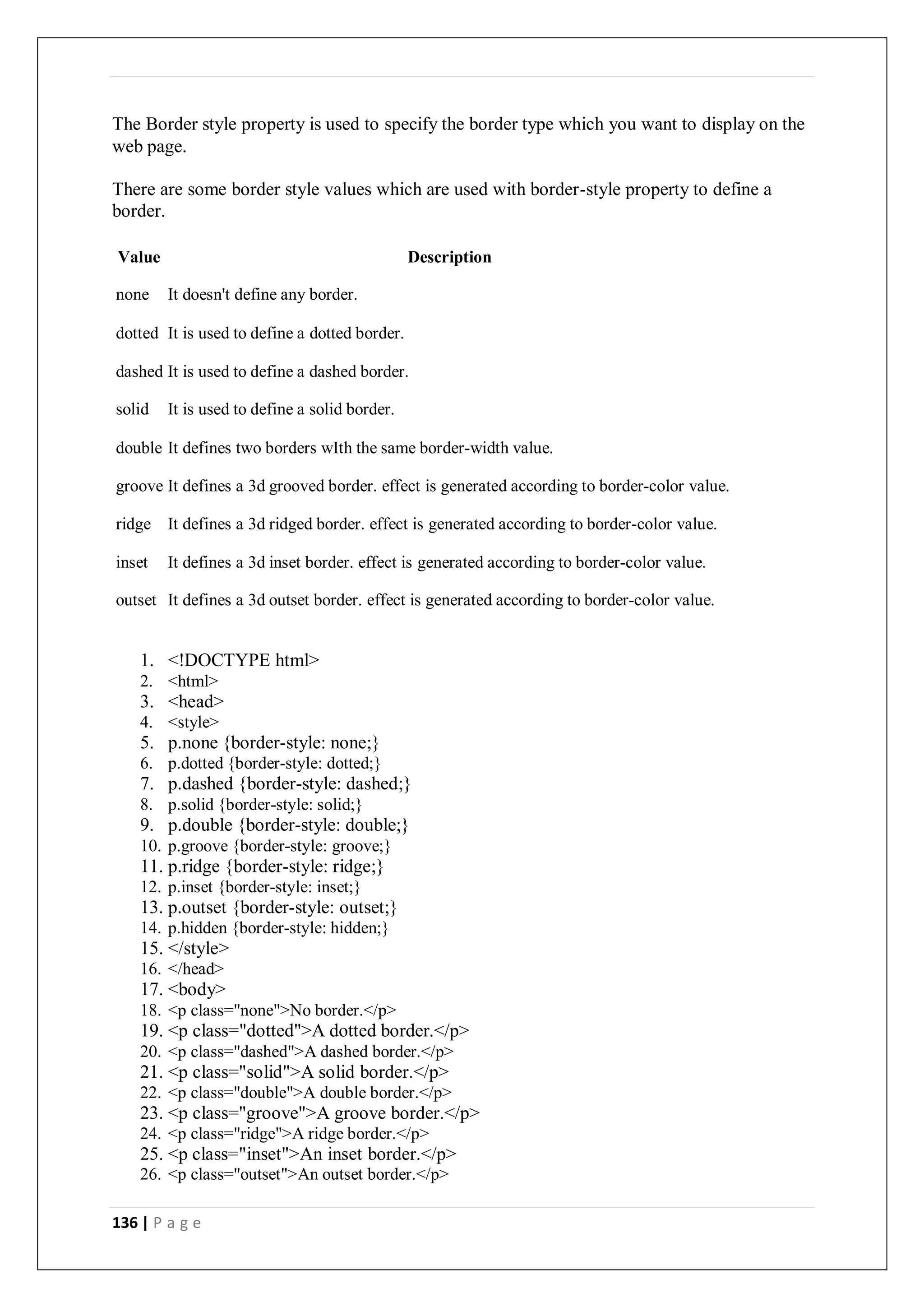 136 | P a g e
The Border style property is used to specify the border type which you want to display on the
web page.
There are some border style values which are used with border-style property to define a
border.
Value Description
none It doesn't define any border.
dotted It is used to define a dotted border.
dashed It is used to define a dashed border.
solid It is used to define a solid border.
double It defines two borders wIth the same border-width value.
groove It defines a 3d grooved border. effect is generated according to border-color value.
ridge It defines a 3d ridged border. effect is generated according to border-color value.
inset It defines a 3d inset border. effect is generated according to border-color value.
outset It defines a 3d outset border. effect is generated according to border-color value.
1. <!DOCTYPE html>
2. <html>
3. <head>
4. <style>
5. p.none {border-style: none;}
6. p.dotted {border-style: dotted;}
7. p.dashed {border-style: dashed;}
8. p.solid {border-style: solid;}
9. p.double {border-style: double;}
10. p.groove {border-style: groove;}
11. p.ridge {border-style: ridge;}
12. p.inset {border-style: inset;}
13. p.outset {border-style: outset;}
14. p.hidden {border-style: hidden;}
15. </style>
16. </head>
17. <body>
18. <p class="none">No border.</p>
19. <p class="dotted">A dotted border.</p>
20. <p class="dashed">A dashed border.</p>
21. <p class="solid">A solid border.</p>
22. <p class="double">A double border.</p>
23. <p class="groove">A groove border.</p>
24. <p class="ridge">A ridge border.</p>
25. <p class="inset">An inset border.</p>
26. <p class="outset">An outset border.</p>
 