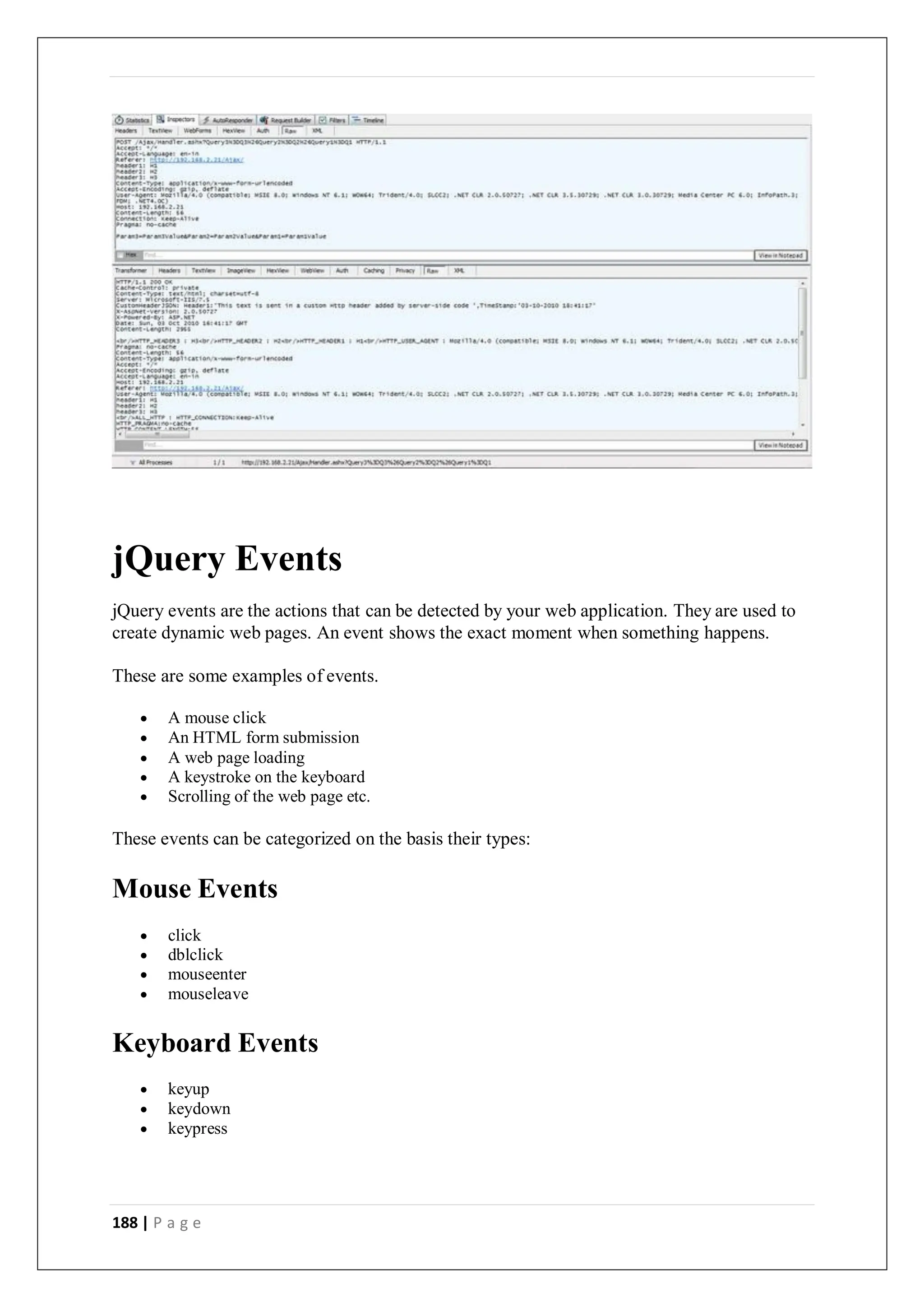 188 | P a g e
jQuery Events
jQuery events are the actions that can be detected by your web application. They are used to
create dynamic web pages. An event shows the exact moment when something happens.
These are some examples of events.
 A mouse click
 An HTML form submission
 A web page loading
 A keystroke on the keyboard
 Scrolling of the web page etc.
These events can be categorized on the basis their types:
Mouse Events
 click
 dblclick
 mouseenter
 mouseleave
Keyboard Events
 keyup
 keydown
 keypress
 