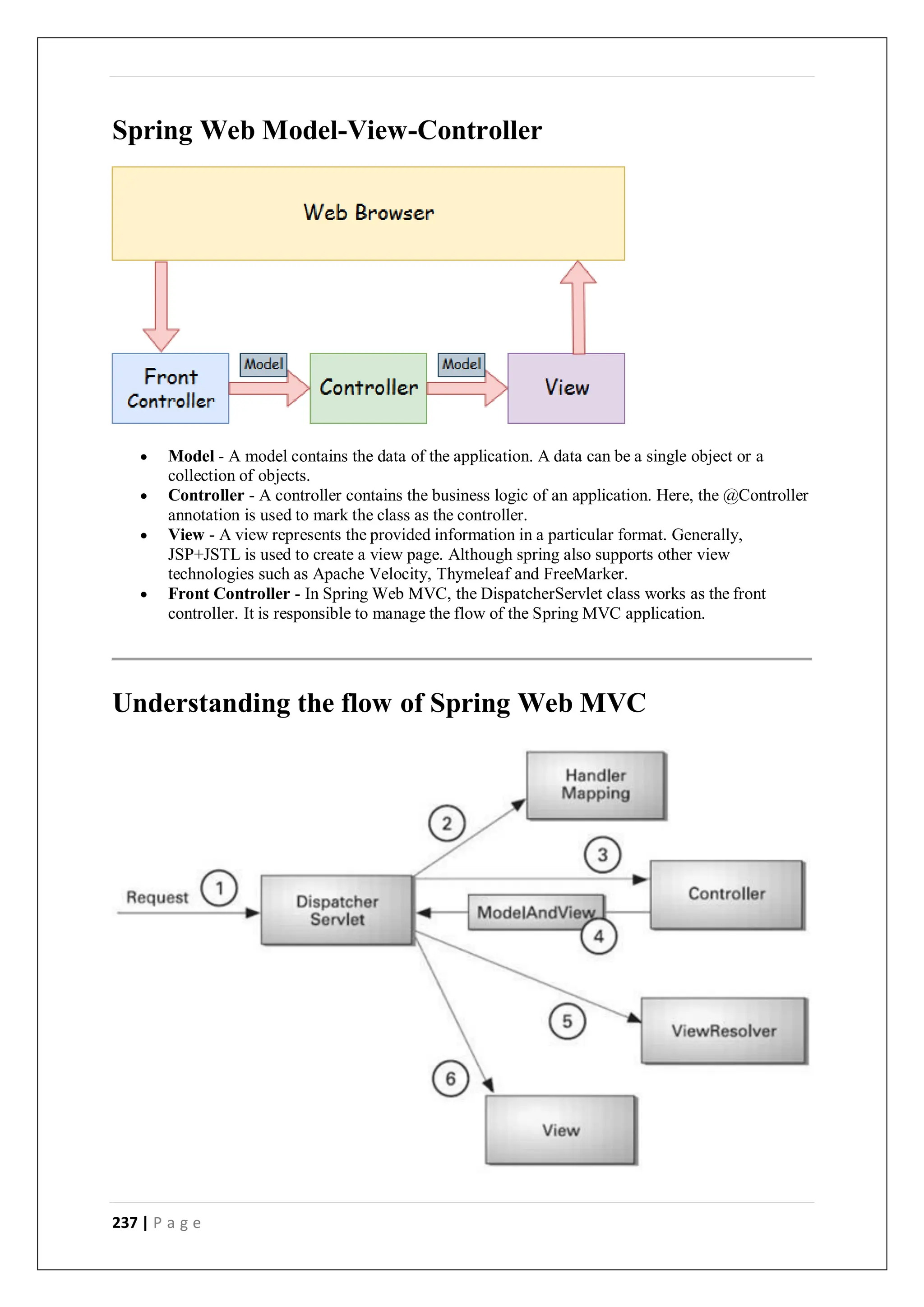 237 | P a g e
Spring Web Model-View-Controller
 Model - A model contains the data of the application. A data can be a single object or a
collection of objects.
 Controller - A controller contains the business logic of an application. Here, the @Controller
annotation is used to mark the class as the controller.
 View - A view represents the provided information in a particular format. Generally,
JSP+JSTL is used to create a view page. Although spring also supports other view
technologies such as Apache Velocity, Thymeleaf and FreeMarker.
 Front Controller - In Spring Web MVC, the DispatcherServlet class works as the front
controller. It is responsible to manage the flow of the Spring MVC application.
Understanding the flow of Spring Web MVC
 