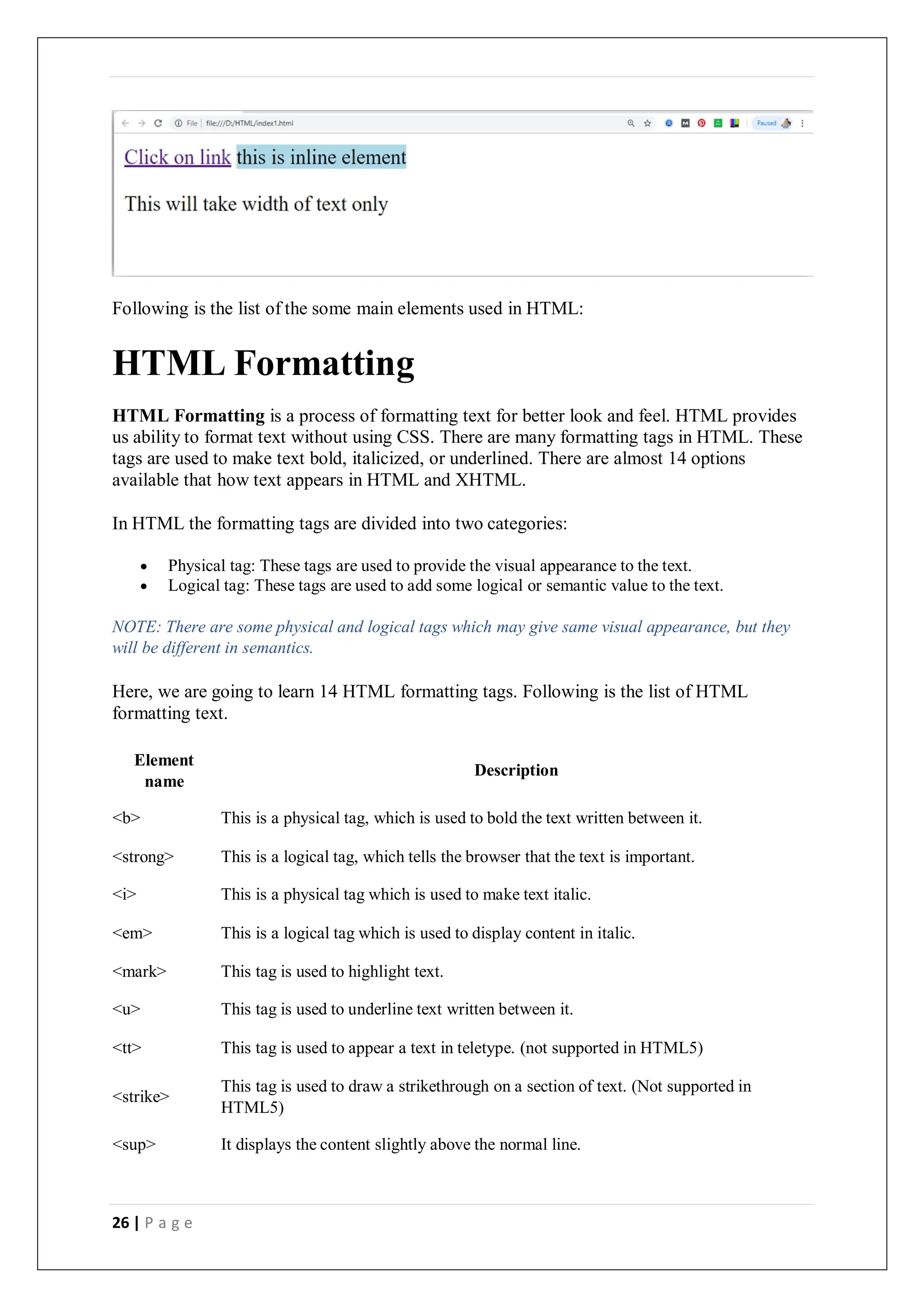 26 | P a g e
Following is the list of the some main elements used in HTML:
HTML Formatting
HTML Formatting is a process of formatting text for better look and feel. HTML provides
us ability to format text without using CSS. There are many formatting tags in HTML. These
tags are used to make text bold, italicized, or underlined. There are almost 14 options
available that how text appears in HTML and XHTML.
In HTML the formatting tags are divided into two categories:
 Physical tag: These tags are used to provide the visual appearance to the text.
 Logical tag: These tags are used to add some logical or semantic value to the text.
NOTE: There are some physical and logical tags which may give same visual appearance, but they
will be different in semantics.
Here, we are going to learn 14 HTML formatting tags. Following is the list of HTML
formatting text.
Element
name
Description
<b> This is a physical tag, which is used to bold the text written between it.
<strong> This is a logical tag, which tells the browser that the text is important.
<i> This is a physical tag which is used to make text italic.
<em> This is a logical tag which is used to display content in italic.
<mark> This tag is used to highlight text.
<u> This tag is used to underline text written between it.
<tt> This tag is used to appear a text in teletype. (not supported in HTML5)
<strike>
This tag is used to draw a strikethrough on a section of text. (Not supported in
HTML5)
<sup> It displays the content slightly above the normal line.
 