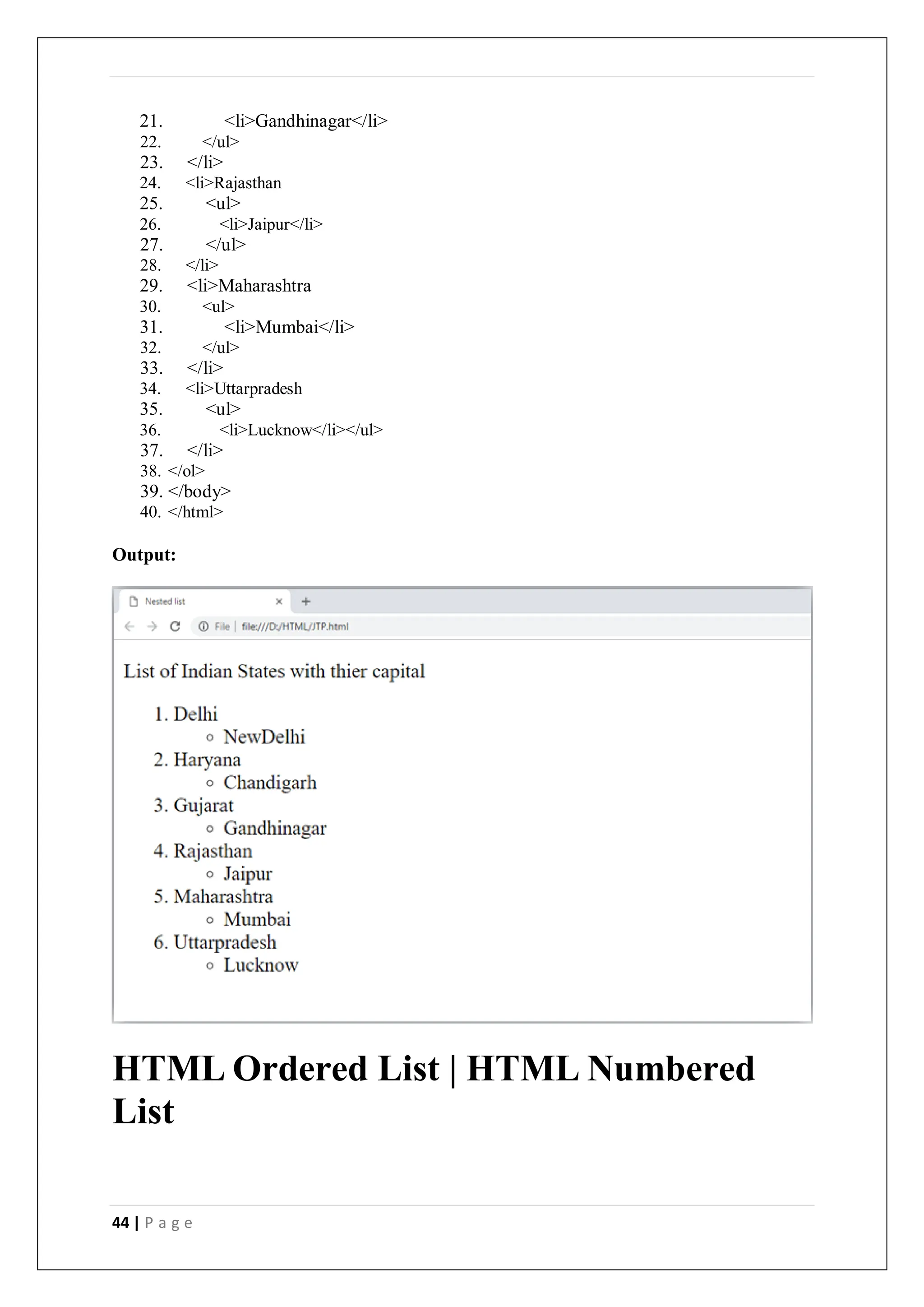 44 | P a g e
21. <li>Gandhinagar</li>
22. </ul>
23. </li>
24. <li>Rajasthan
25. <ul>
26. <li>Jaipur</li>
27. </ul>
28. </li>
29. <li>Maharashtra
30. <ul>
31. <li>Mumbai</li>
32. </ul>
33. </li>
34. <li>Uttarpradesh
35. <ul>
36. <li>Lucknow</li></ul>
37. </li>
38. </ol>
39. </body>
40. </html>
Output:
HTML Ordered List | HTML Numbered
List
 