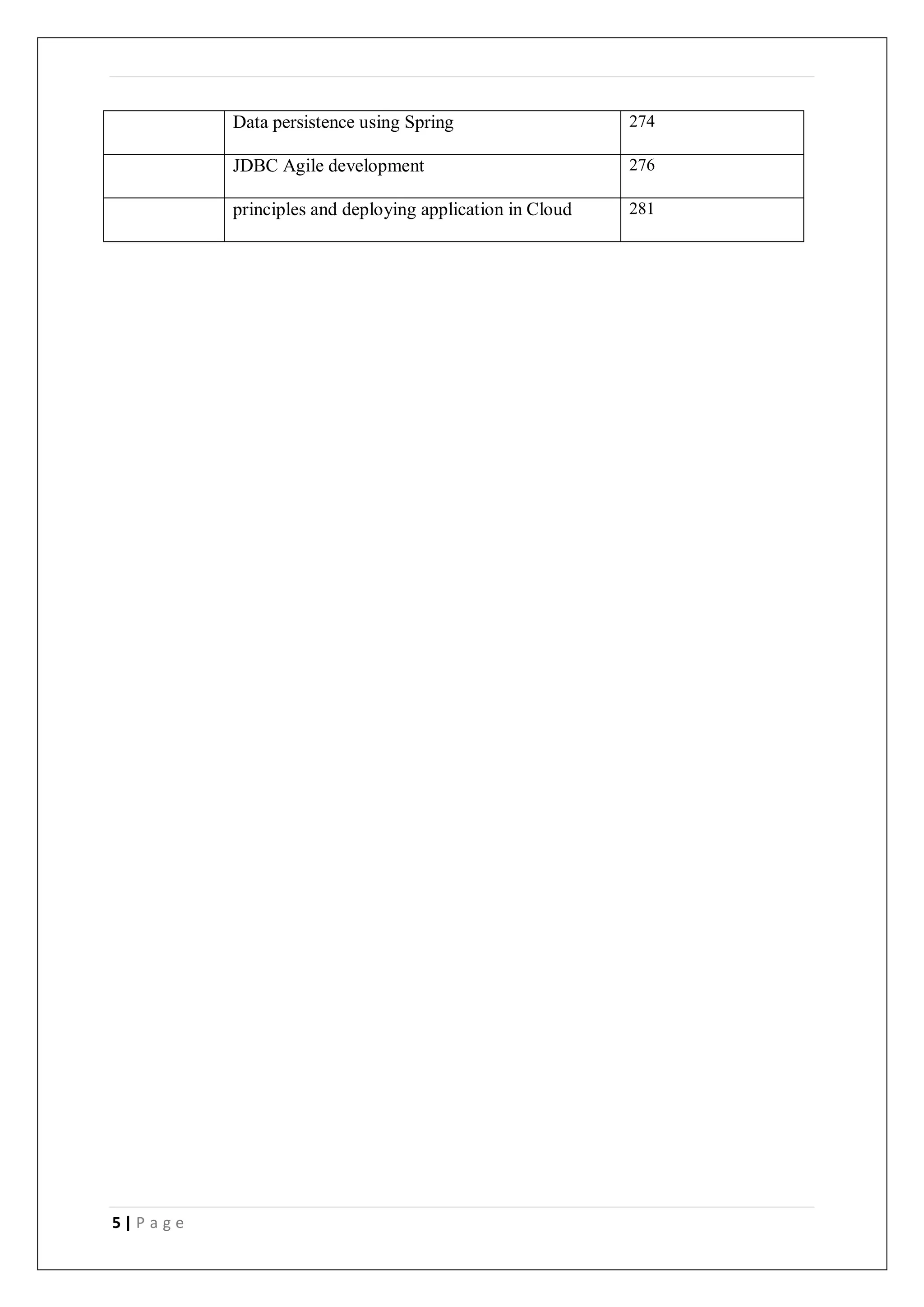 5 | P a g e
Data persistence using Spring 274
JDBC Agile development 276
principles and deploying application in Cloud 281
 