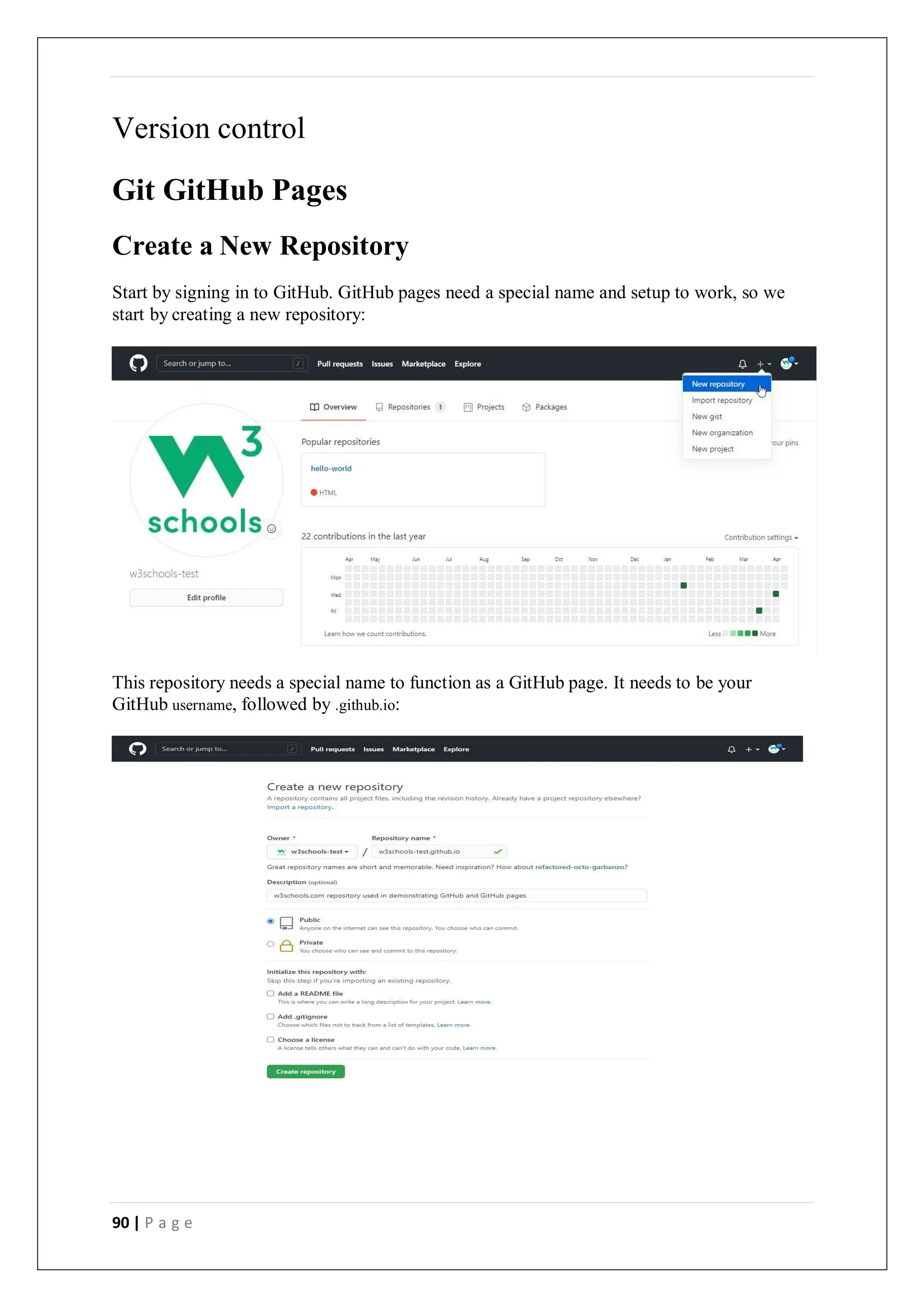 90 | P a g e
Version control
Git GitHub Pages
Create a New Repository
Start by signing in to GitHub. GitHub pages need a special name and setup to work, so we
start by creating a new repository:
This repository needs a special name to function as a GitHub page. It needs to be your
GitHub username, followed by .github.io:
 