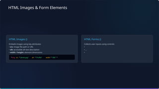 HTML Images & Form Elements
HTML Images ()
Embeds images using key attributes:
• src: image file path or URL
• alt: accessible alt text description
• width / height: element dimensions
HTML Forms ()
Collects user inputs using controls:
•
• , ,
•
img src "photo.jpg" alt "Profile" width "300"
 
