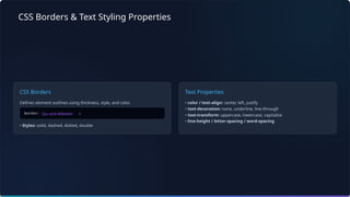 CSS Borders & Text Styling Properties
CSS Borders
Defines element outlines using thickness, style, and color.
• Styles: solid, dashed, dotted, double
Text Properties
• color / text-align: center, left, justify
• text-decoration: none, underline, line-through
• text-transform: uppercase, lowercase, capitalize
• line-height / letter-spacing / word-spacing
2px solid #06b6d4
 
