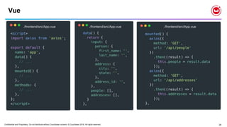 Confidential and Proprietary. Do not distribute without Couchbase consent. © Couchbase 2018. All rights reserved. 29
Vue
./frontend/src/App.vue ./frontend/src/App.vue ./frontend/src/App.vue
 