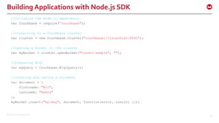 ©2015 Couchbase Inc. 15
Building Applications with Node.js SDK
//including the Node.js dependency
var Couchbase = require(”couchbase");
//connecting to a Couchbase cluster
var cluster = new Couchbase.Cluster("couchbase://localhost:8091");
//opening a bucket in the cluster
var myBucket = cluster.openBucket("travel-sample", "");
//preparing N1ql
var myQuery = Couchbase.N1qlQuery();
//creating and saving a Document
var document = {
firstname: "Nic",
lastname: "Raboy"
};
myBucket.insert("my-key", document, function(error, result) {});
 