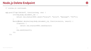 ©2015 Couchbase Inc. 33
Node.js Delete Endpoint
// routes.js continued…
app.post("/api/delete", function(req, res) {
if(!req.body.document_id) {
return res.status(400).send({"status": "error", "message": ”ID?"});
}
RecordModel.delete(req.body.document_id, function(error, result) {
if(error) {
return res.status(400).send(error);
}
res.send(result);
});
});
 
